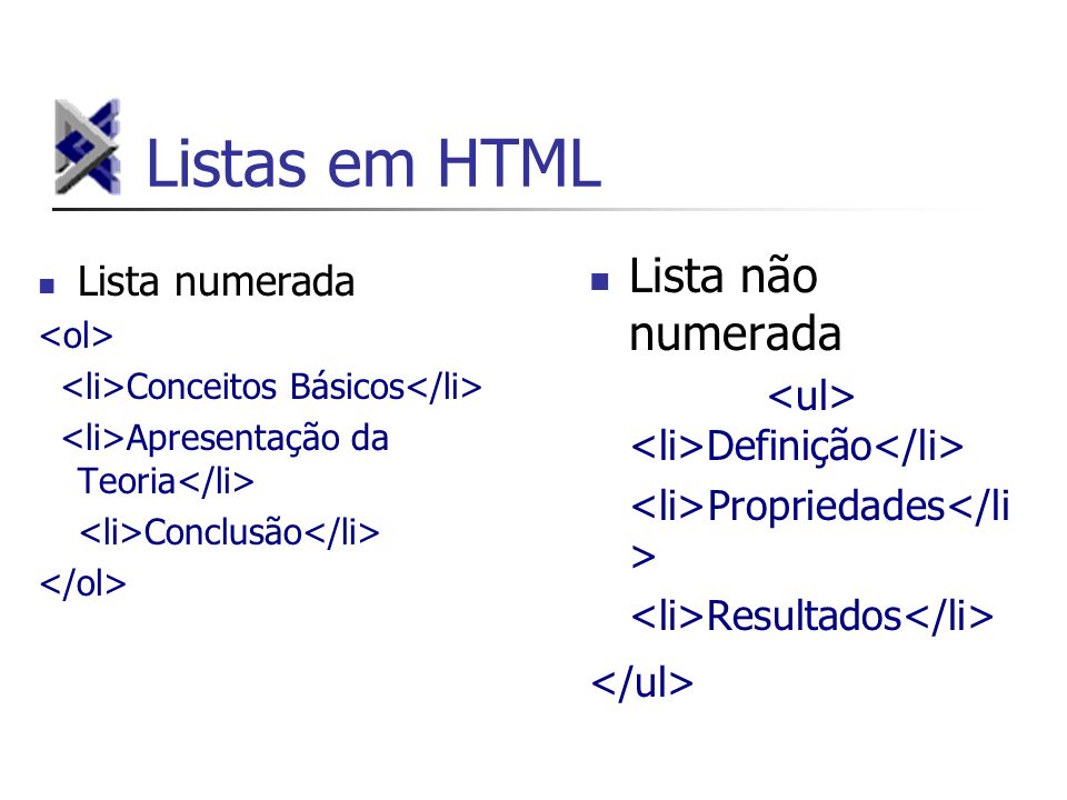 Listas em HTML Lista não numerada Lista numerada