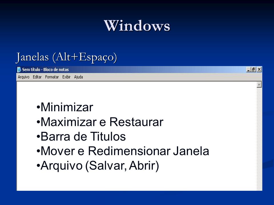 Windows Janelas (Alt+Espaço) Minimizar Maximizar e Restaurar