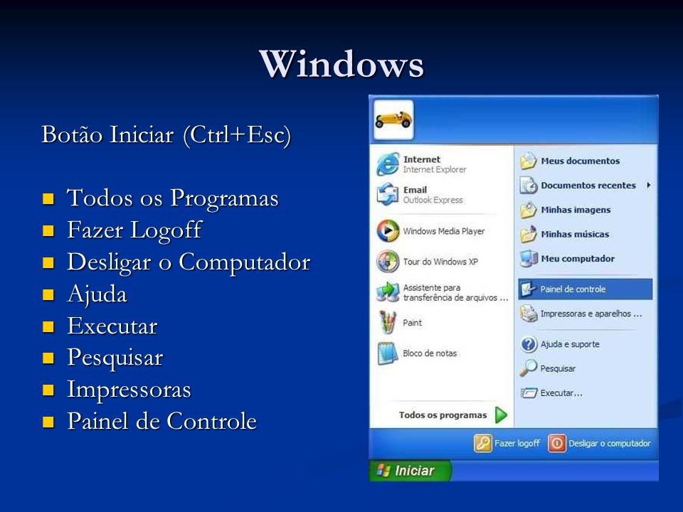 Windows Botão Iniciar (Ctrl+Esc) Todos os Programas Fazer Logoff