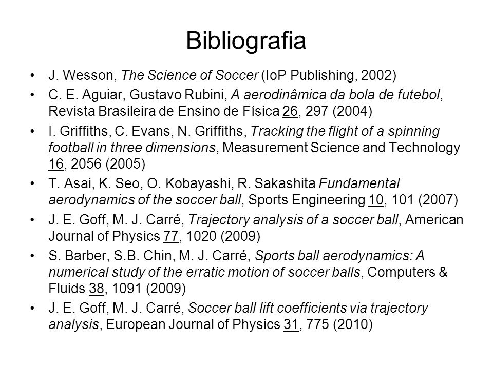 Bibliografia J. Wesson, The Science of Soccer (IoP Publishing, 2002)