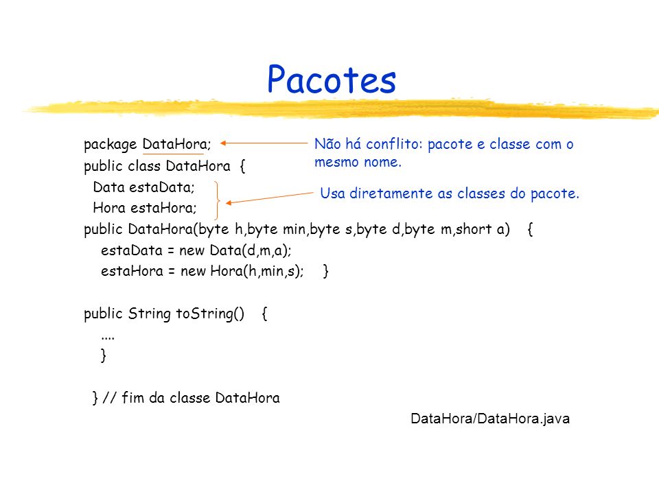 Pacotes package DataHora; public class DataHora { Data estaData;