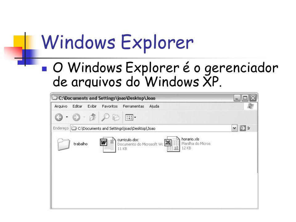 Windows Explorer O Windows Explorer é o gerenciador de arquivos do Windows XP.