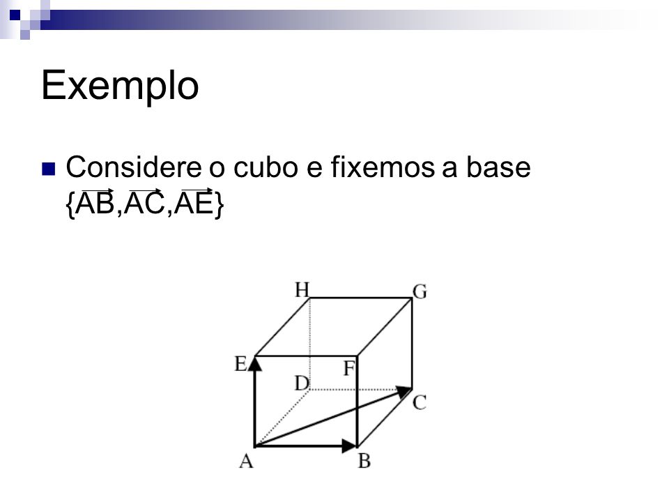 Exemplo Considere o cubo e fixemos a base {AB,AC,AE}