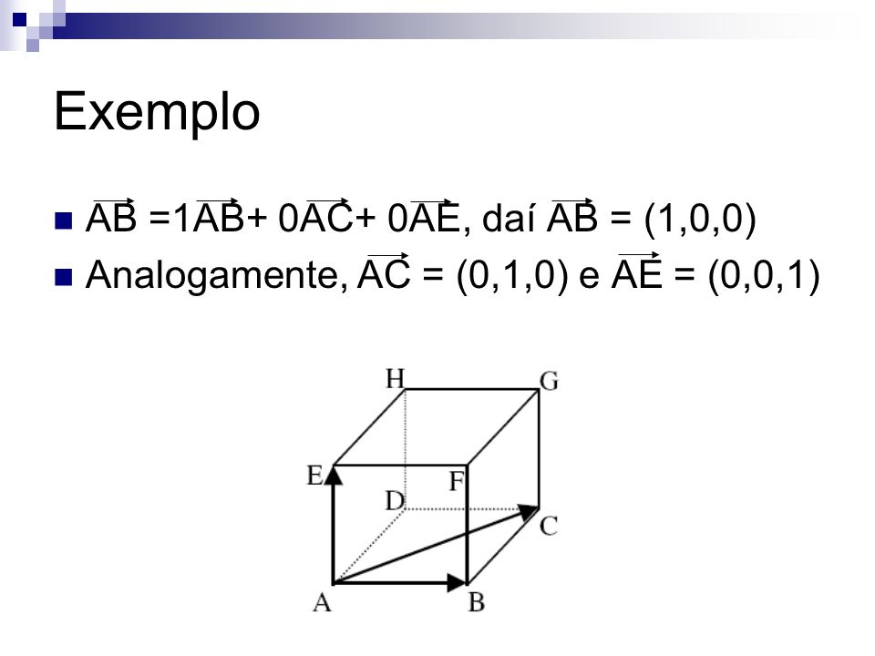 Exemplo AB =1AB+ 0AC+ 0AE, daí AB = (1,0,0)