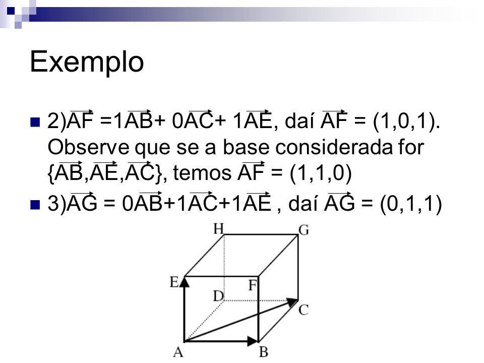 Exemplo 2)AF =1AB+ 0AC+ 1AE, daí AF = (1,0,1). Observe que se a base considerada for {AB,AE,AC}, temos AF = (1,1,0)