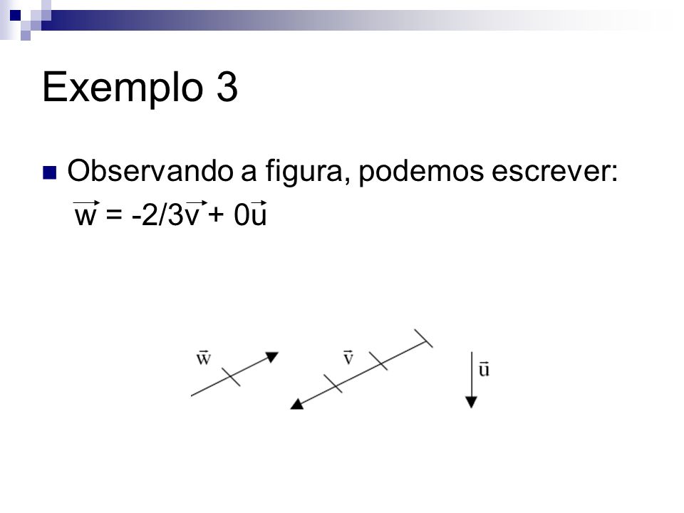 Exemplo 3 Observando a figura, podemos escrever: w = -2/3v + 0u