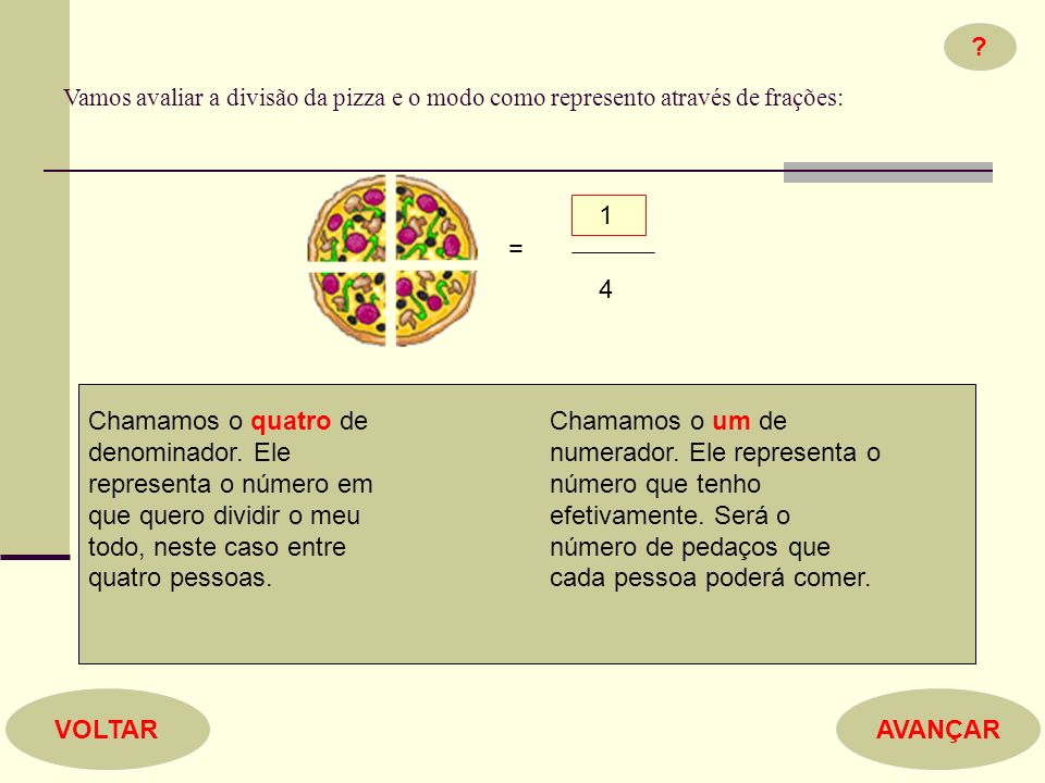 Vamos avaliar a divisão da pizza e o modo como represento através de frações: 1. = 4.