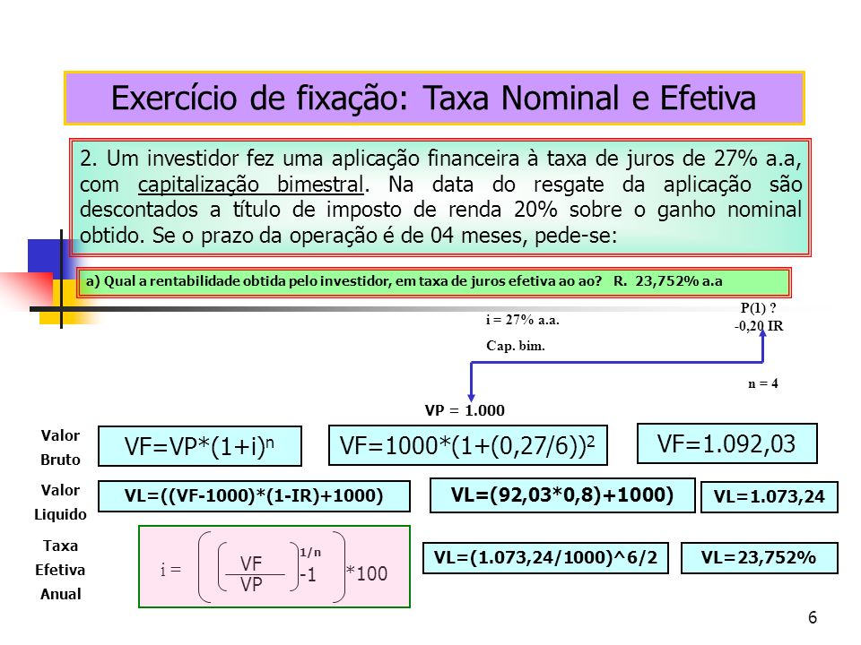 Exercício de fixação: Taxa Nominal e Efetiva