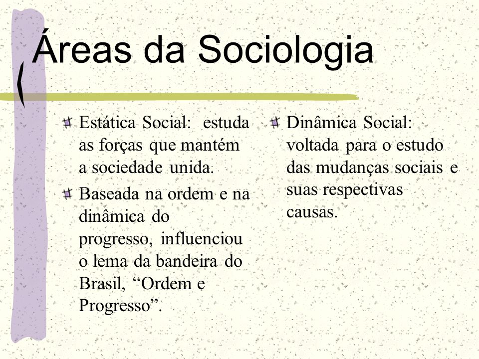 Áreas da Sociologia Estática Social: estuda as forças que mantém a sociedade unida.