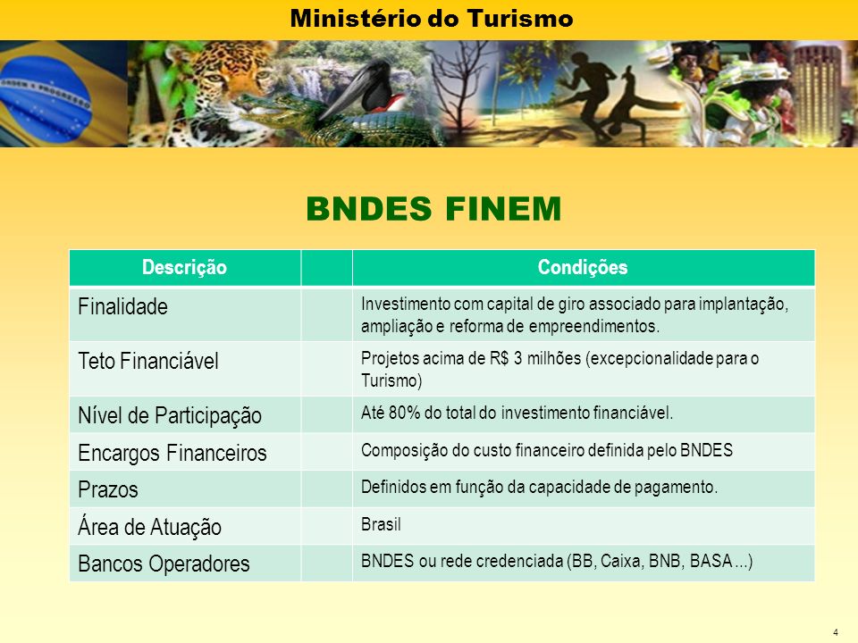 BNDES FINEM Finalidade Teto Financiável Nível de Participação