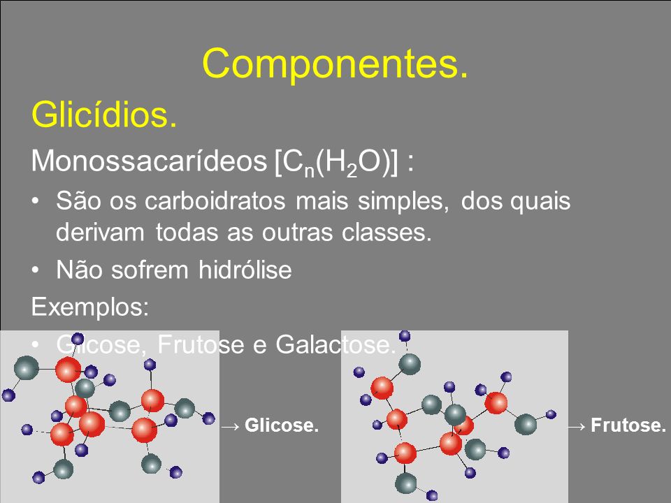 Componentes. Glicídios. Monossacarídeos [Cn(H2O)] :