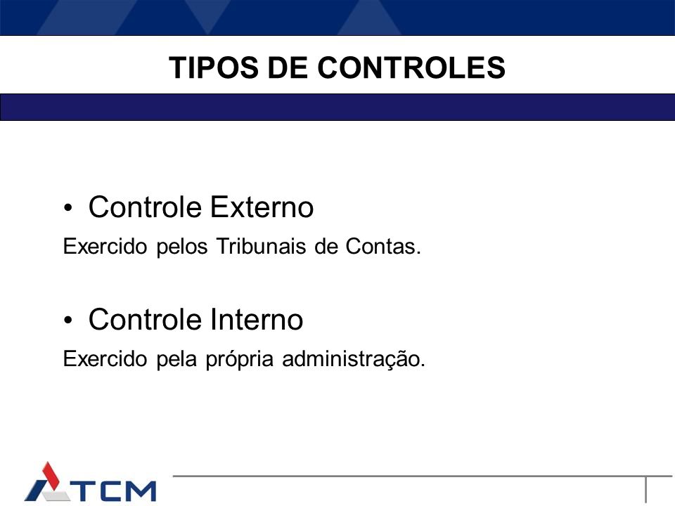 TIPOS DE CONTROLES Controle Externo Controle Interno