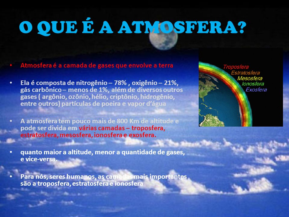 O QUE É A ATMOSFERA Atmosfera é a camada de gases que envolve a terra