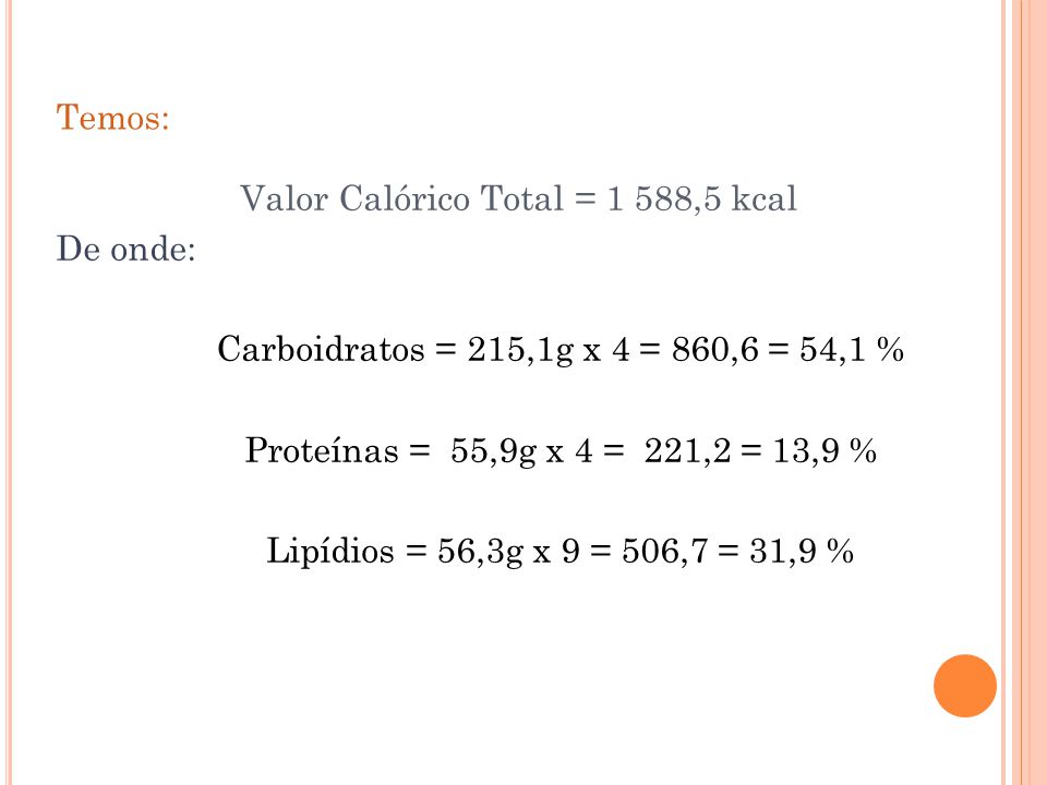 Valor Calórico Total = 1 588,5 kcal