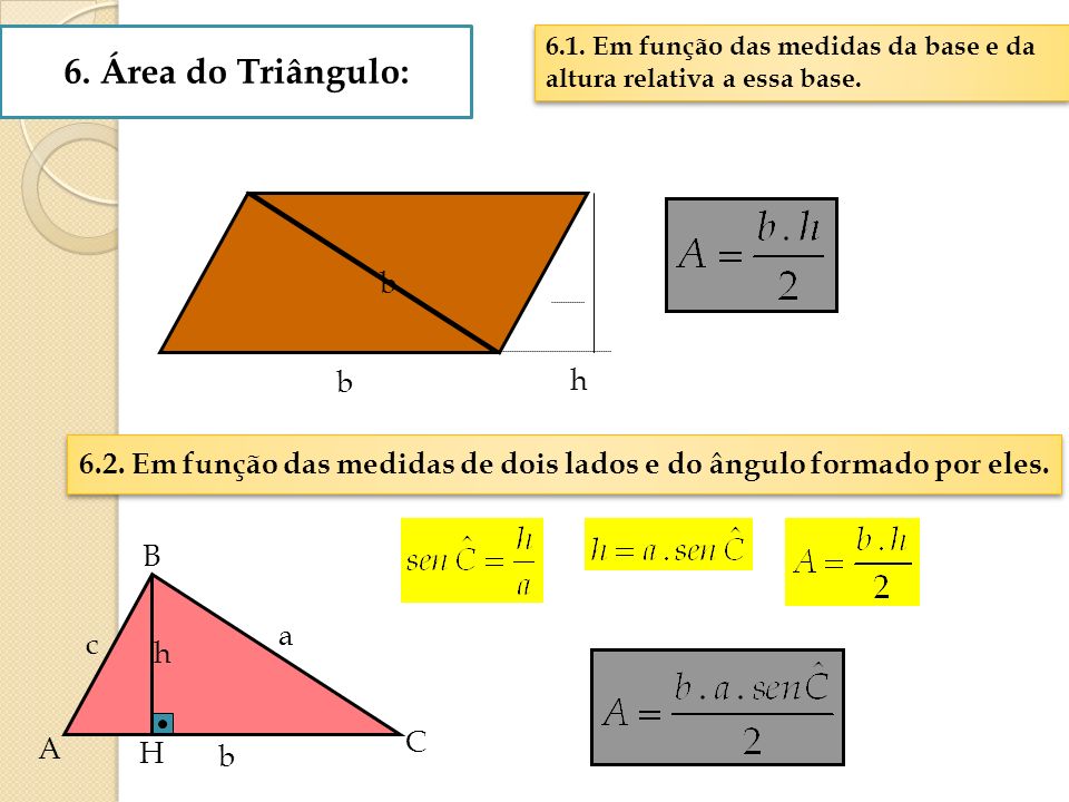 6. Área do Triângulo: 6.1. Em função das medidas da base e da altura relativa a essa base. b. b. h.