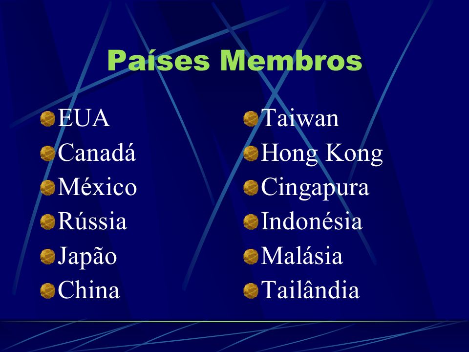 Países Membros EUA Canadá México Rússia Japão China Taiwan Hong Kong