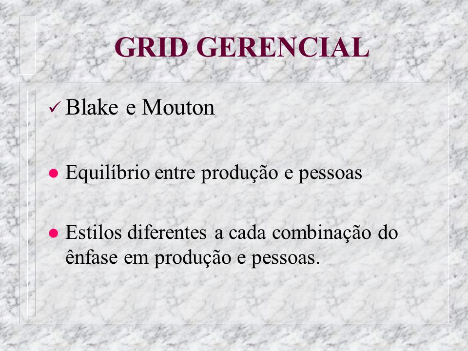 GRID GERENCIAL Blake e Mouton Equilíbrio entre produção e pessoas