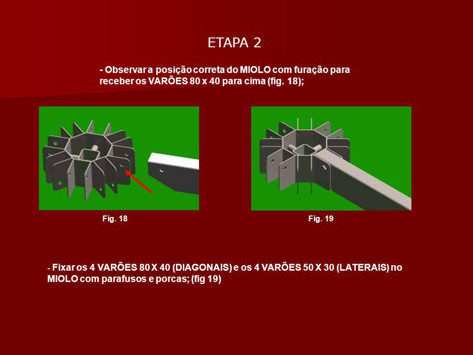 ETAPA 2 - Observar a posição correta do MIOLO com furação para receber os VARÕES 80 x 40 para cima (fig. 18);