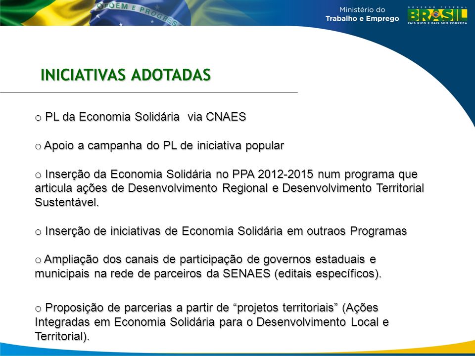 INICIATIVAS ADOTADAS PL da Economia Solidária via CNAES