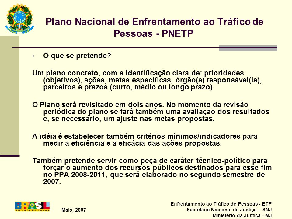 Plano Nacional de Enfrentamento ao Tráfico de Pessoas - PNETP