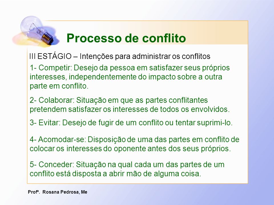 Processo de conflito III ESTÁGIO – Intenções para administrar os conflitos.