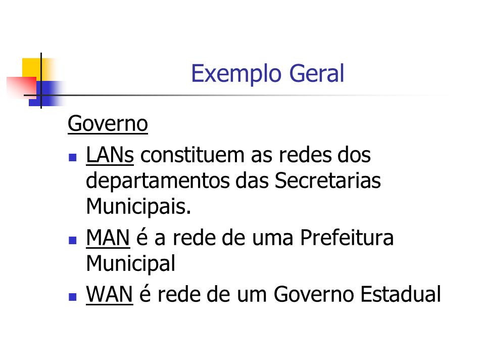 Exemplo Geral Governo. LANs constituem as redes dos departamentos das Secretarias Municipais. MAN é a rede de uma Prefeitura Municipal.
