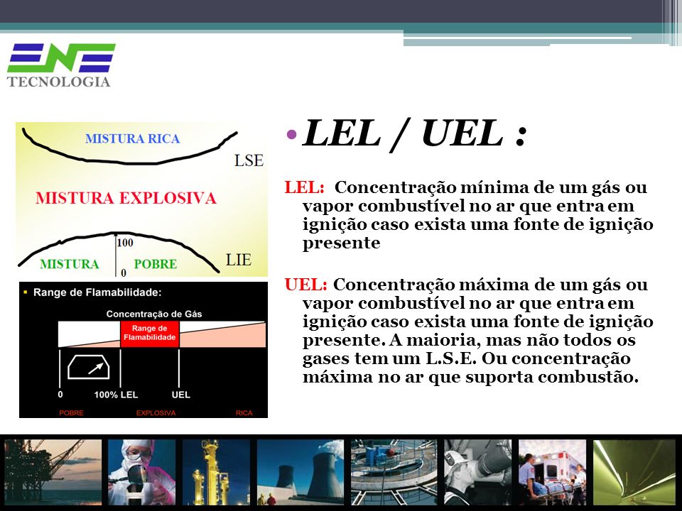 LEL / UEL : LEL: Concentração mínima de um gás ou vapor combustível no ar que entra em ignição caso exista uma fonte de ignição presente.