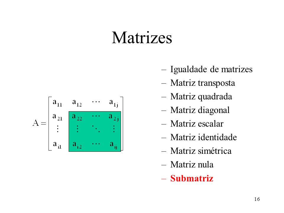 Matrizes Igualdade de matrizes Matriz transposta Matriz quadrada