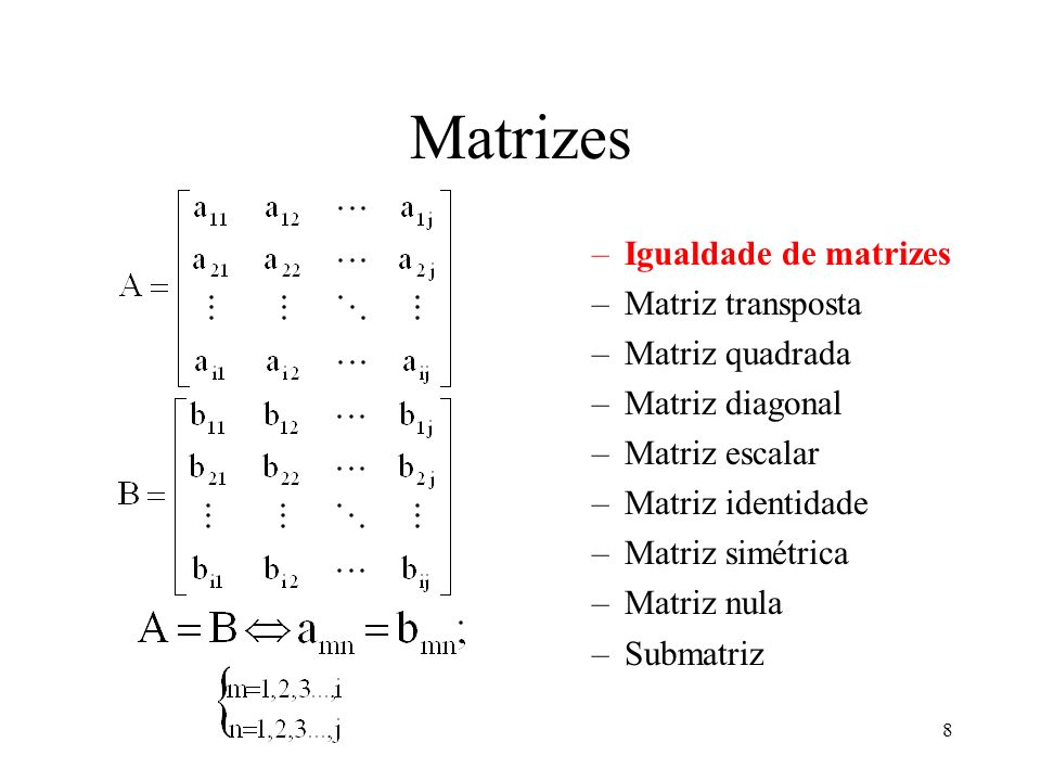 Matrizes Igualdade de matrizes Matriz transposta Matriz quadrada