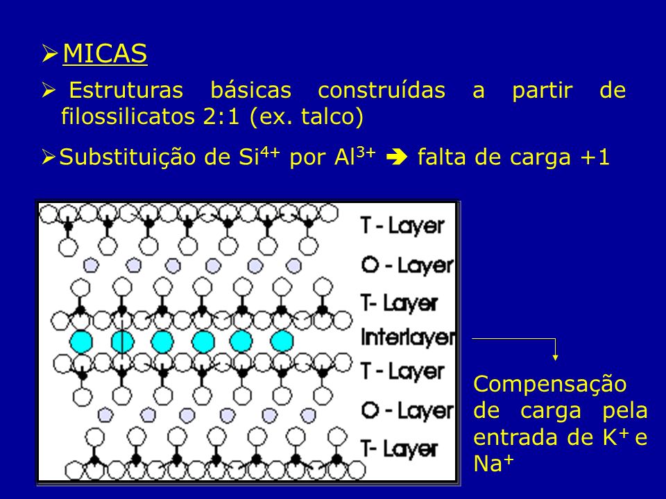 MICAS Estruturas básicas construídas a partir de filossilicatos 2:1 (ex. talco) Substituição de Si4+ por Al3+  falta de carga +1.