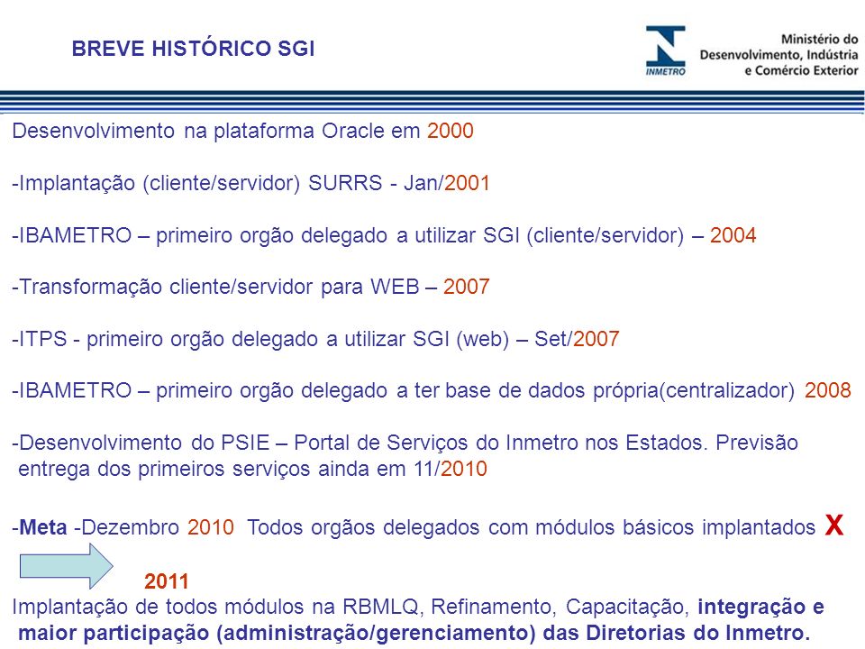 BREVE HISTÓRICO SGI Desenvolvimento na plataforma Oracle em Implantação (cliente/servidor) SURRS - Jan/2001.
