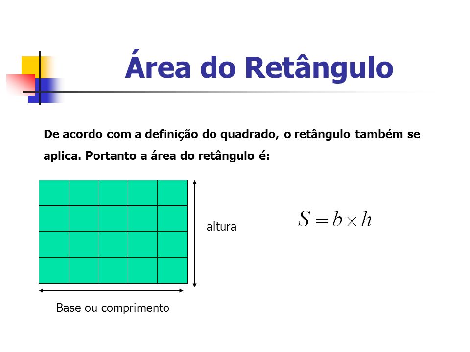 Área do Retângulo De acordo com a definição do quadrado, o retângulo também se aplica. Portanto a área do retângulo é: