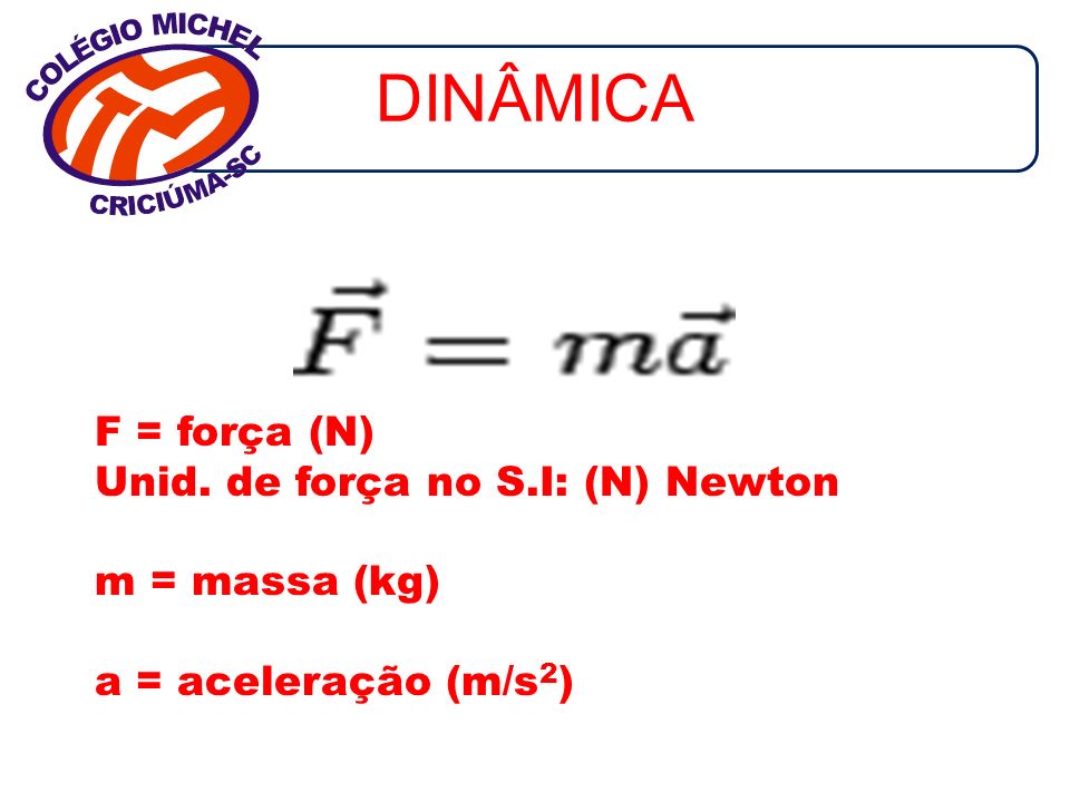 DINÂMICA F = força (N) Unid. de força no S.I: (N) Newton
