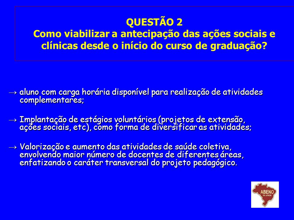 QUESTÃO 2 Como viabilizar a antecipação das ações sociais e clínicas desde o início do curso de graduação