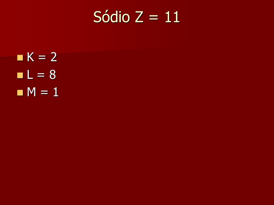 Sódio Z = 11 K = 2 L = 8 M = 1