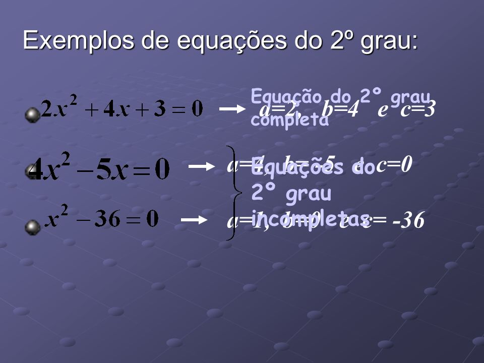 Exemplos de equações do 2º grau: