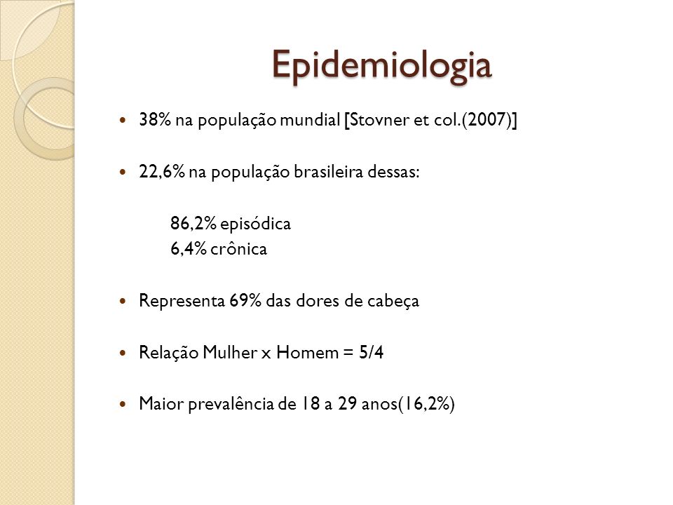 Epidemiologia 38% na população mundial [Stovner et col.(2007)]