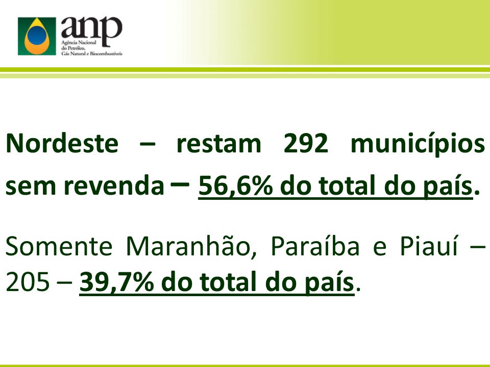 Nordeste – restam 292 municípios sem revenda – 56,6% do total do país.