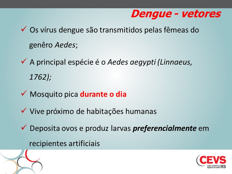 Dengue - vetores Os vírus dengue são transmitidos pelas fêmeas do genêro Aedes; A principal espécie é o Aedes aegypti (Linnaeus, 1762);