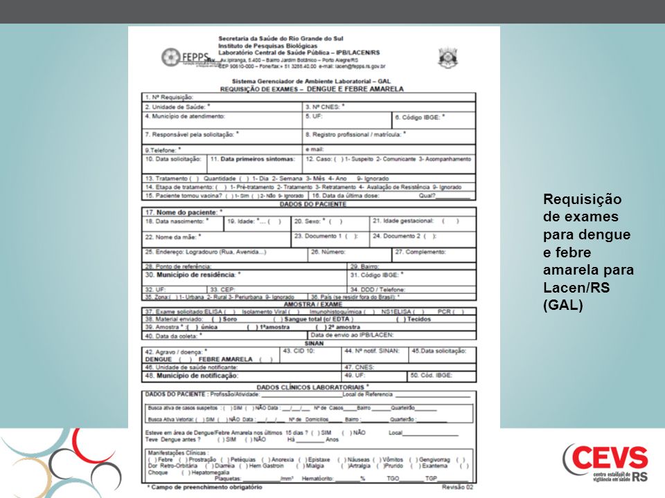 Requisição de exames para dengue e febre amarela para Lacen/RS (GAL)