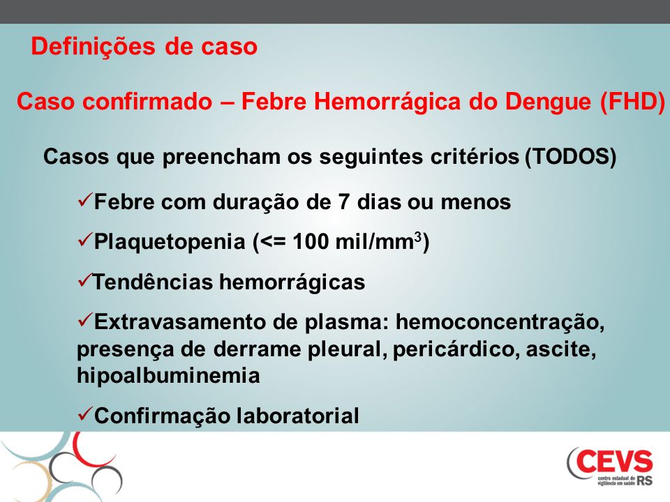 Definições de caso Caso confirmado – Febre Hemorrágica do Dengue (FHD)