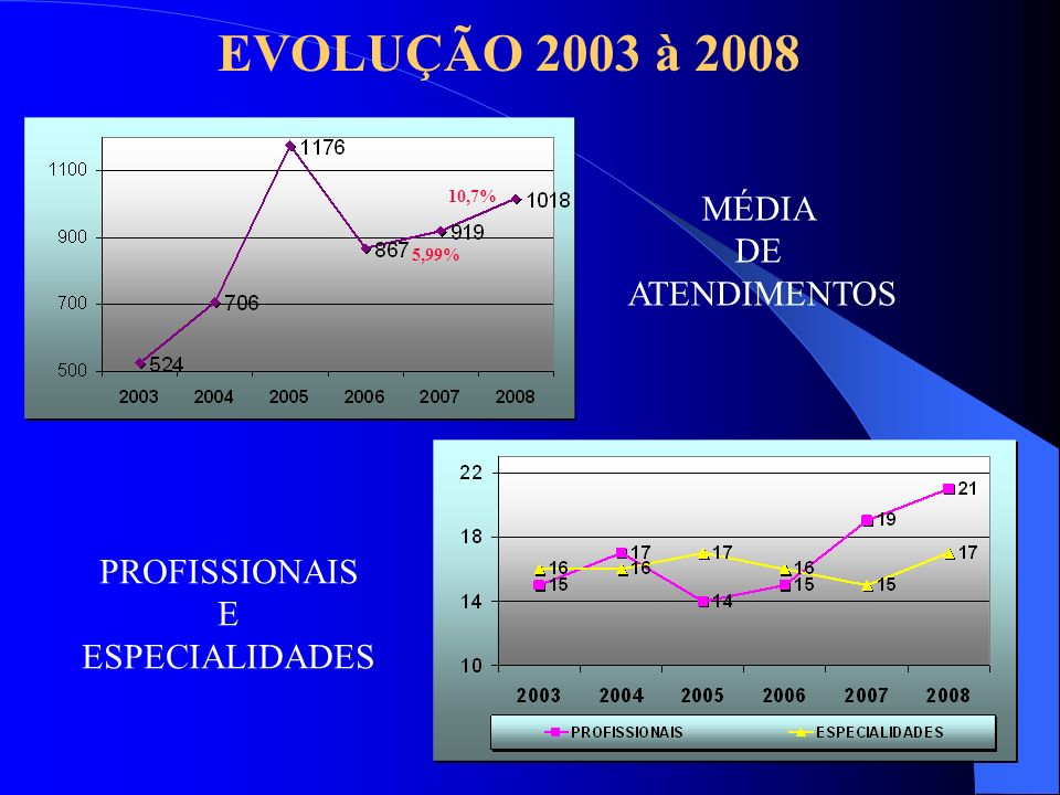 EVOLUÇÃO 2003 à 2008 MÉDIA DE ATENDIMENTOS PROFISSIONAIS E