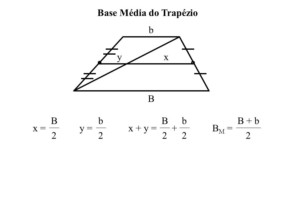 Base Média do Trapézio b y x B x = B 2 y = b 2 x + y = B 2 + b BM = B + b 2