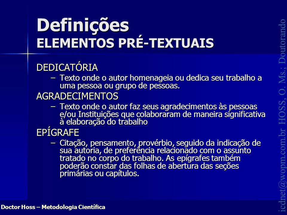 Definições ELEMENTOS PRÉ-TEXTUAIS