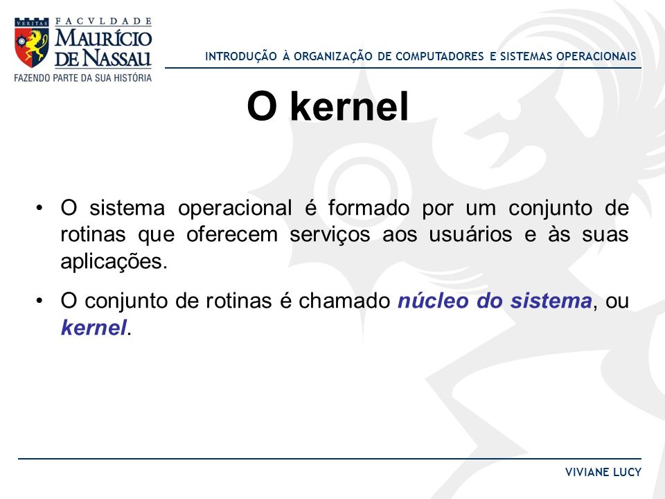 O kernel O sistema operacional é formado por um conjunto de rotinas que oferecem serviços aos usuários e às suas aplicações.