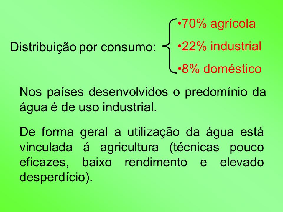 70% agrícola 22% industrial. 8% doméstico. Distribuição por consumo: Nos países desenvolvidos o predomínio da água é de uso industrial.