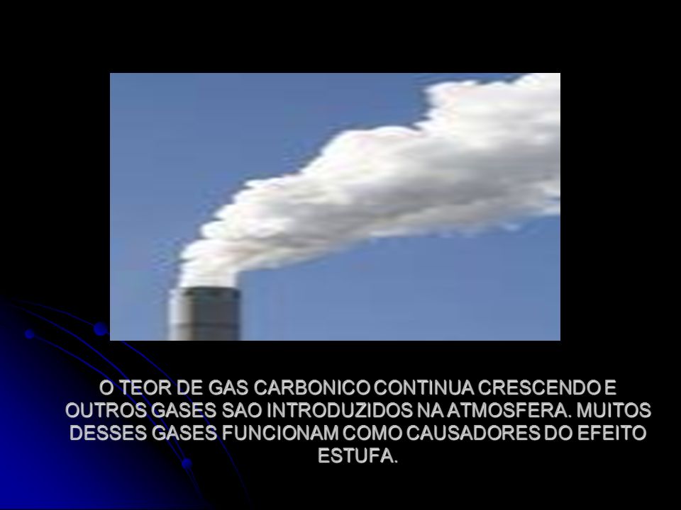 O TEOR DE GAS CARBONICO CONTINUA CRESCENDO E OUTROS GASES SAO INTRODUZIDOS NA ATMOSFERA.