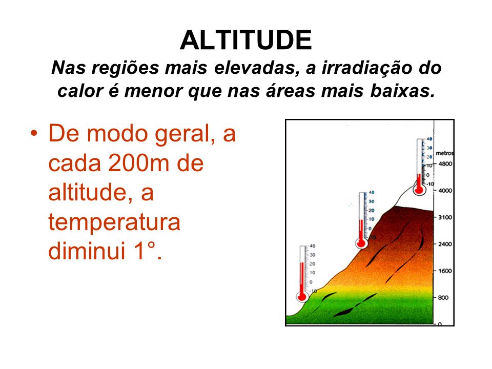 ALTITUDE Nas regiões mais elevadas, a irradiação do calor é menor que nas áreas mais baixas.