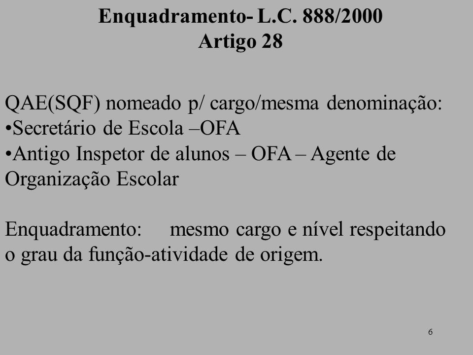 Enquadramento- L.C. 888/2000 Artigo 28. QAE(SQF) nomeado p/ cargo/mesma denominação: Secretário de Escola –OFA.