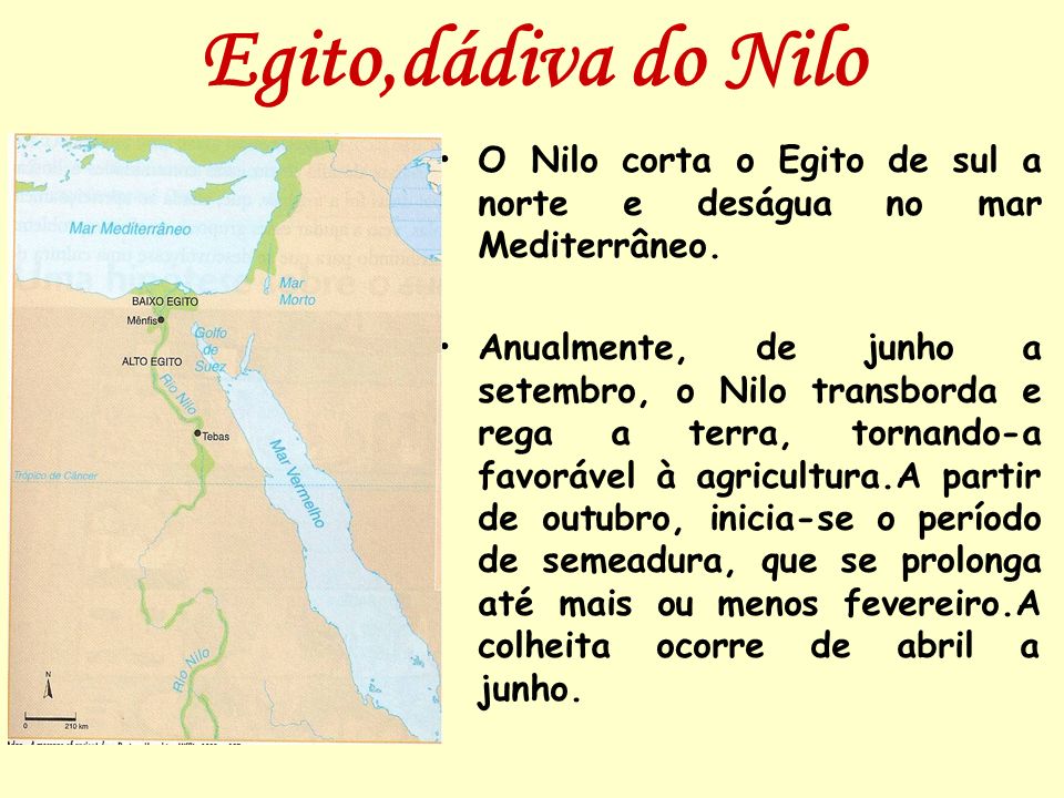 Egito,dádiva do Nilo O Nilo corta o Egito de sul a norte e deságua no mar Mediterrâneo.